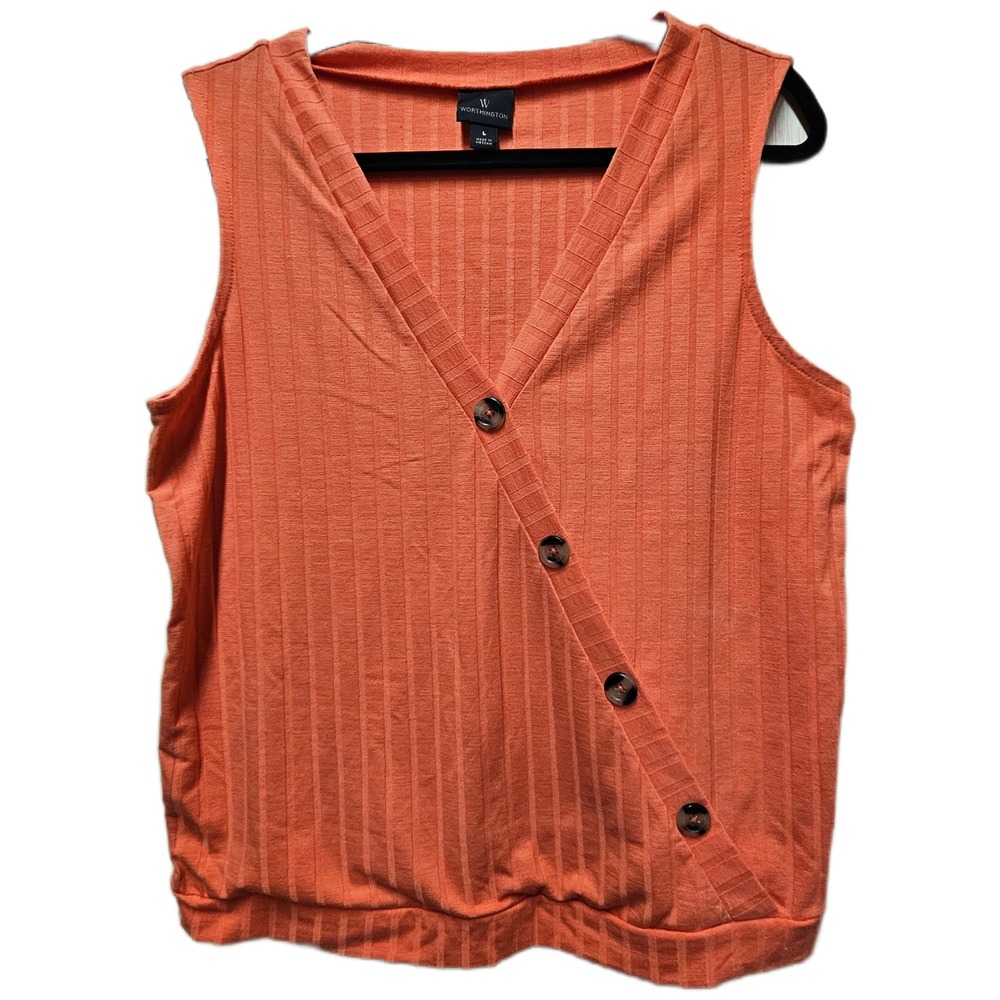 Worthington Coral Ribbed Sleeveless V-Neck Button Front Detail Knit Top Size L
